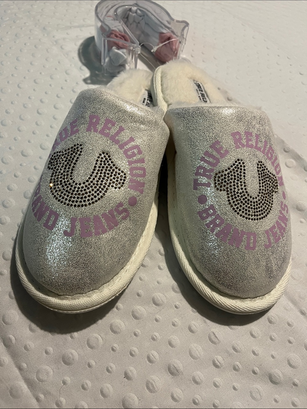 True Religion Silver Glitter Girls' Slip-On Slippers with Pink Logo